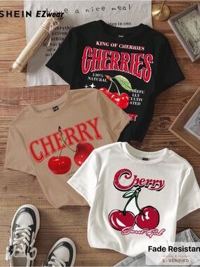 Set of 3 Cropped Cherry Graphic Tees - Black/Beige/White